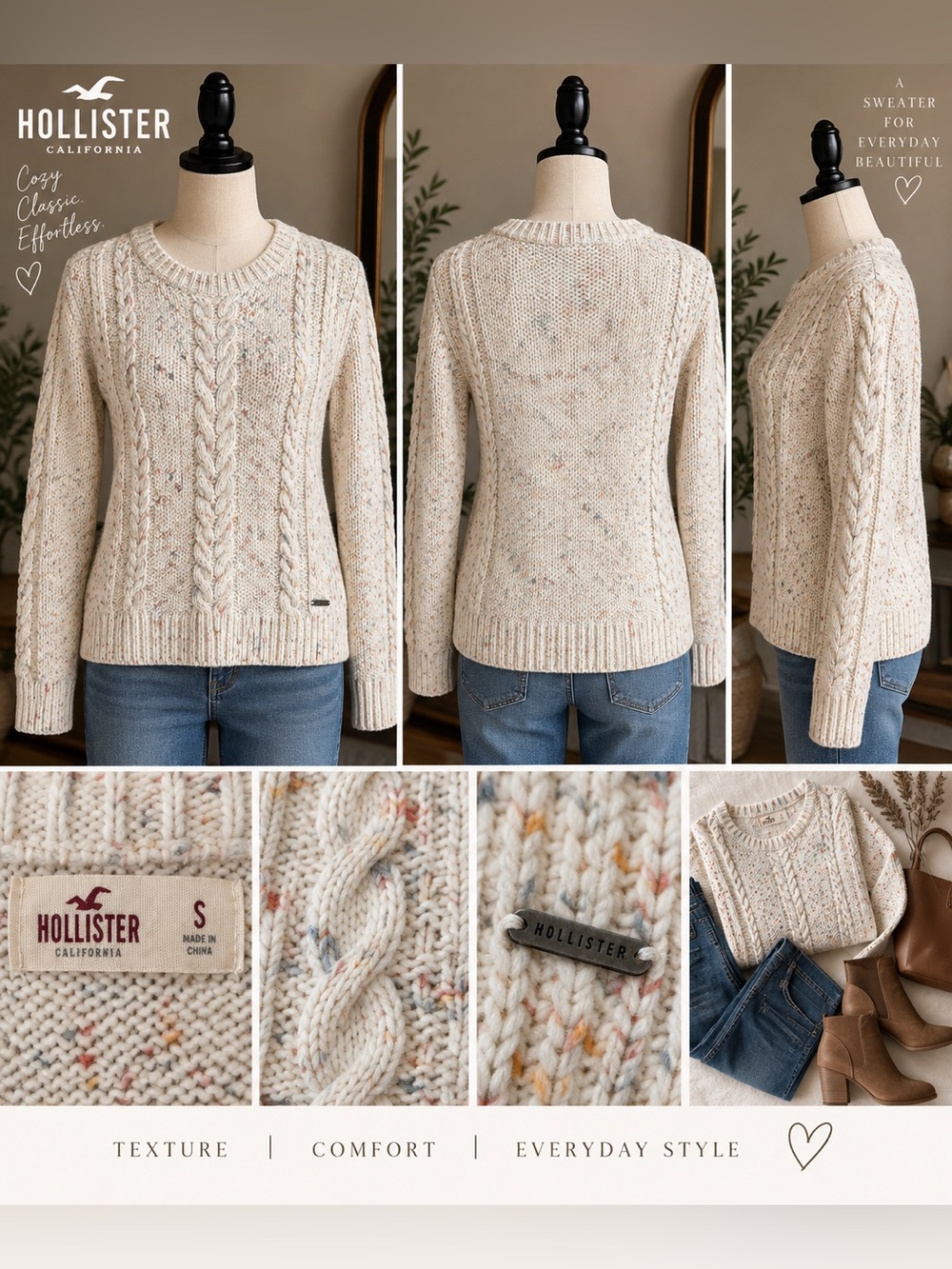 Hollister Cable Knit Confetti Sweater Cream Wool Blend Size S